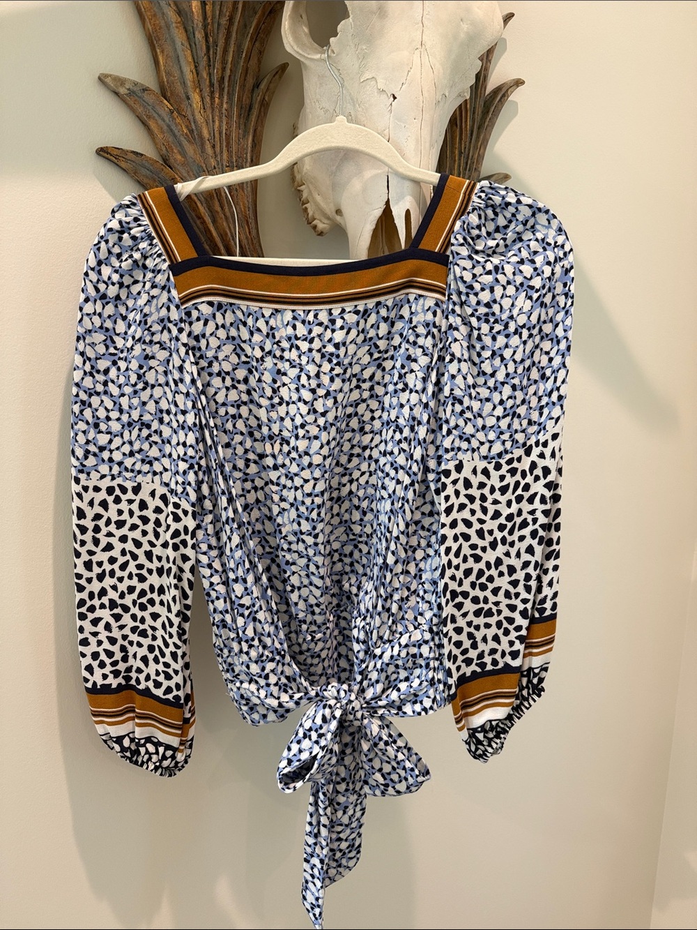 Maeve Blue and White Printed Square-Neck Tie-Front Blouse with Mustard Stripe